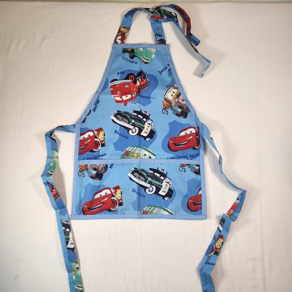 Handmade Disney Pixar Cars Kids Apron Lightning McQueen Mater Blue Bib Pocket